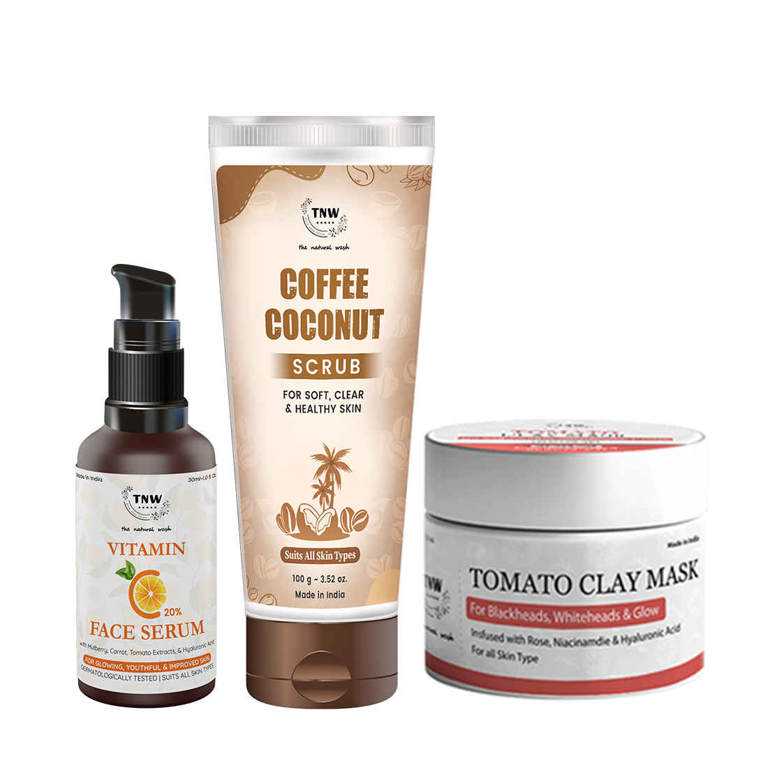 Buy Combo of 3- Tomato Clay Mask 50gm + Coffee Coconut Scrub + Vitamin C Face Serum 30ml - Purplle