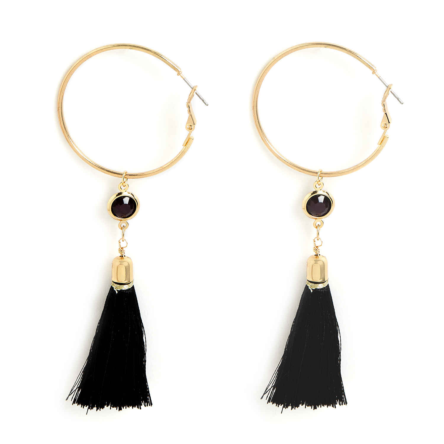 Buy Lilly & Sparkle Gold Toned Black Tassel Hoop Earrings With Black Stone - Purplle