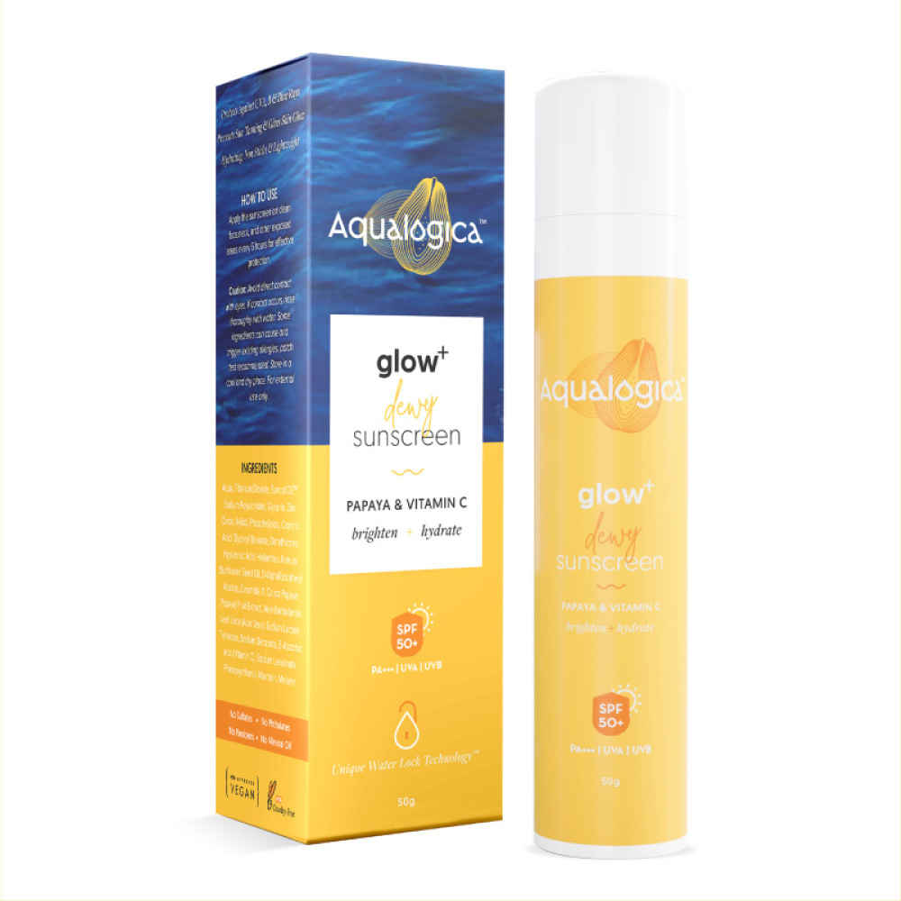 Buy Aqualogica Glow+ Dewy Lightweight Sunscreen Gel SPF 50+ PA++++ with Papaya & Vitamin C 50 gm - Purplle