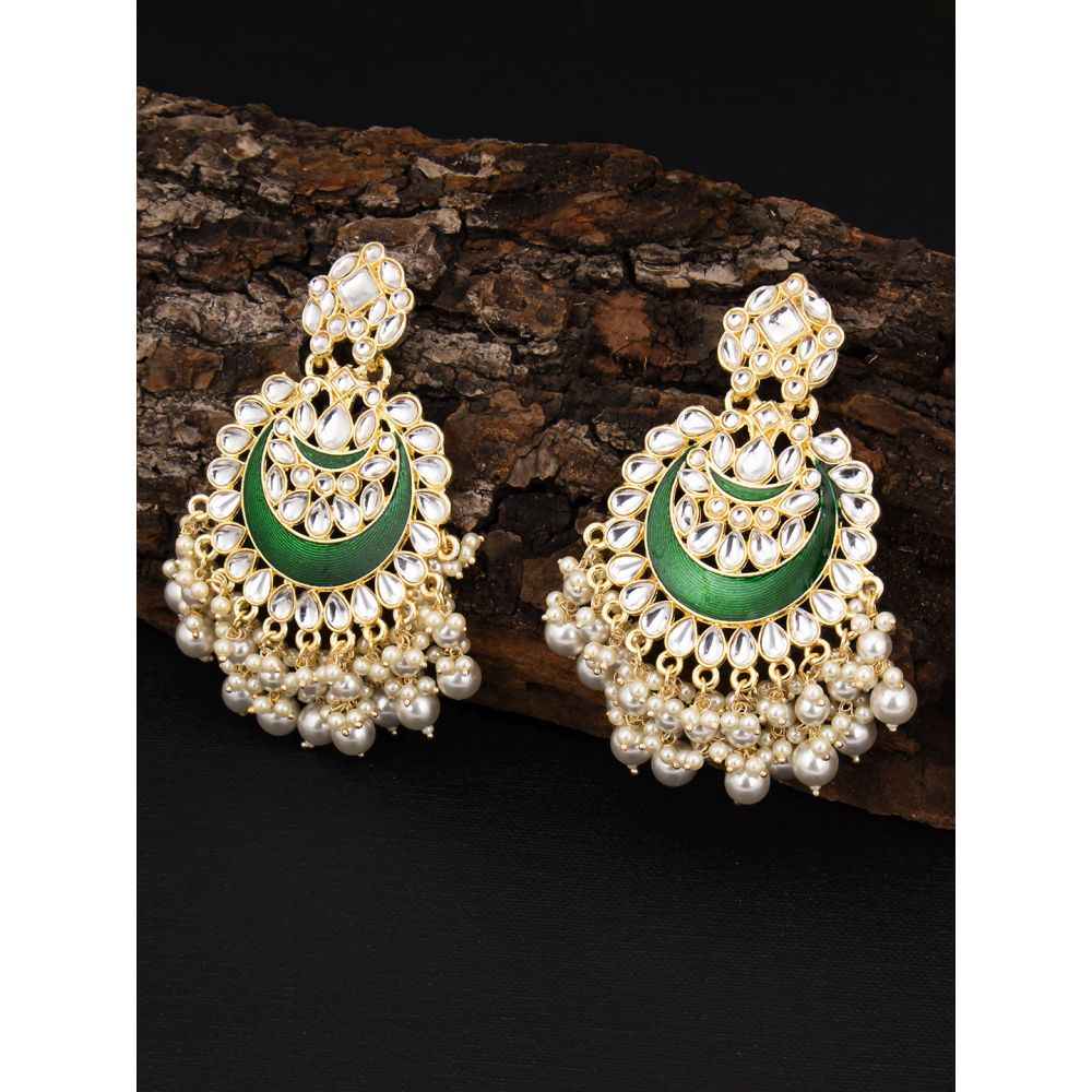 Shostopper By Sukkhi Kundan & Green Faux Beads Jewelry Set - Necklace, Earrings & Maangtikka - View #2