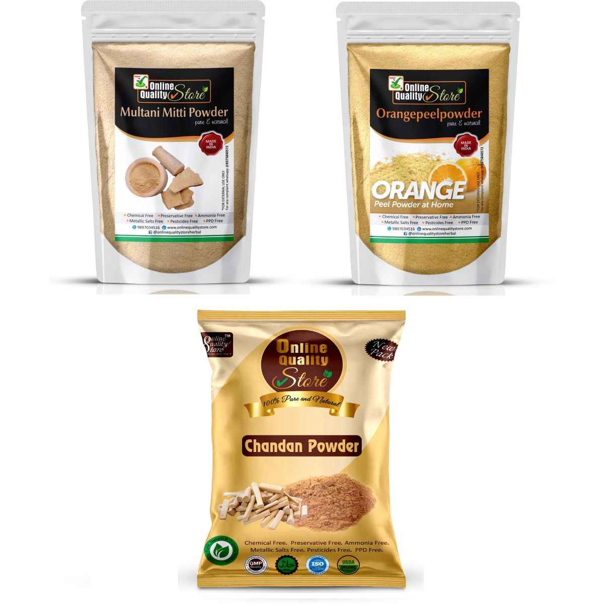 Buy Online Quality Store Face Pack Powder Combo - 400 g (Set of 3) |sandalwood powder |orange peel powder |multani mitti powder |face whitening pack |face mask for acne{chan50_orge150_miti200} - Purplle
