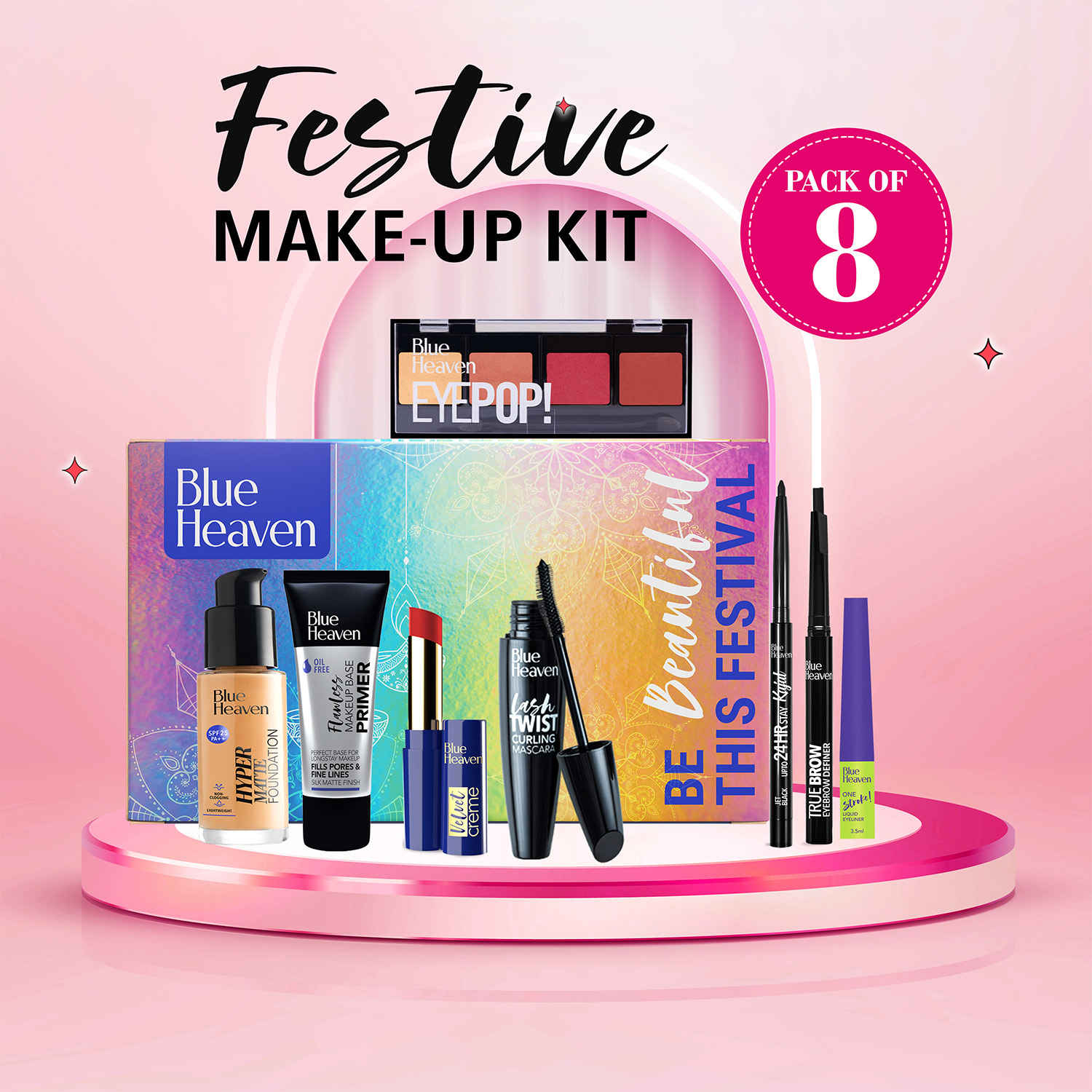 Buy Blue Heaven Festive MakeUp Kit For Women, Medium Tone Combo, 30.1g + 45.5ml (Pack of 8) - Purplle