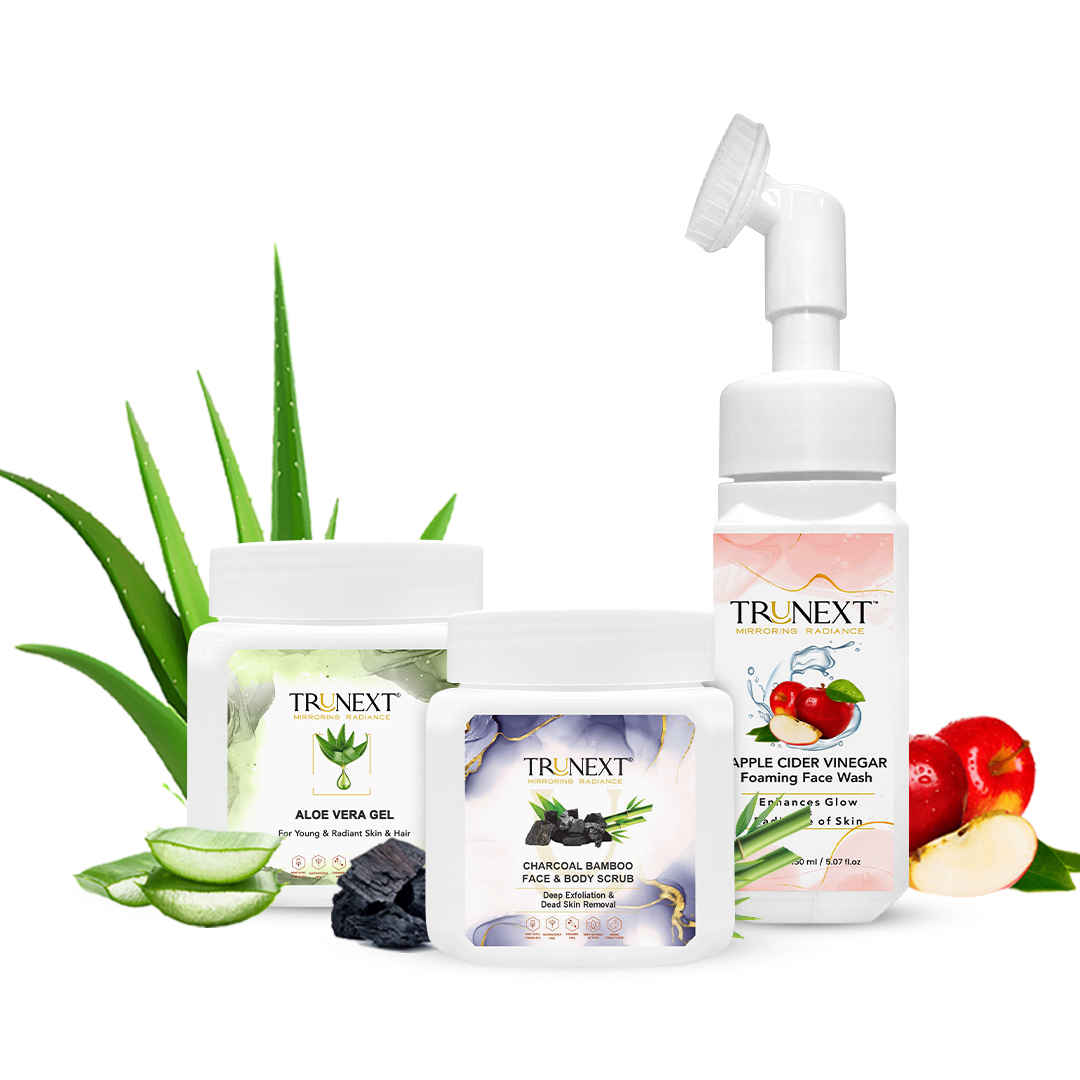 Buy TRUNEXT Aloe Vera Gel 200ml + Charcoal Bamboo Face & Body Scrub 200ml + Apple Cider Vinegar Foaming Face Wash 150ml - Purplle