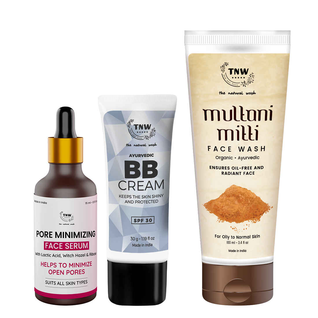 Buy Combo of 3- BB Cream 30 gm & Multani Mitti Face Wash 100ml & Pore Minimizing Face Serum 15ml - Purplle