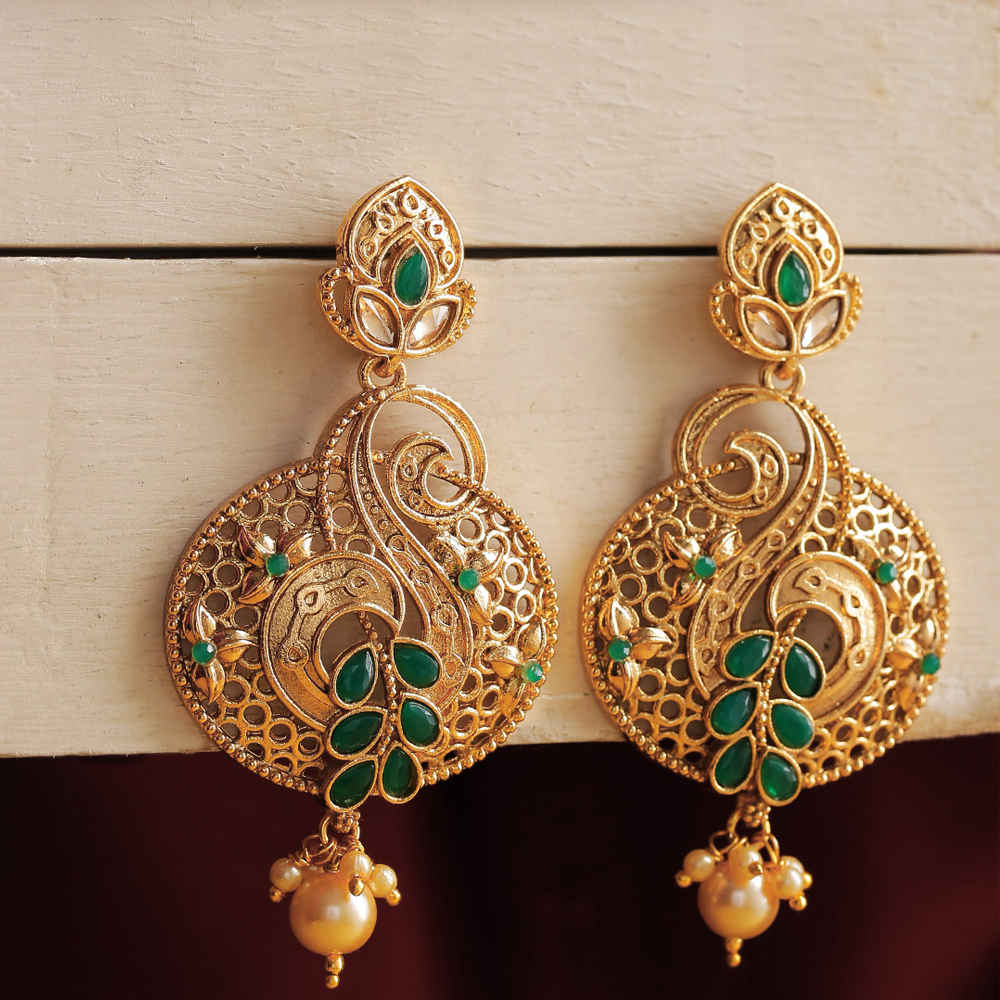 Buy Jewels Galaxy Green Antique Gold-Plated Stone-Studded Classic Drop Earrings - Purplle