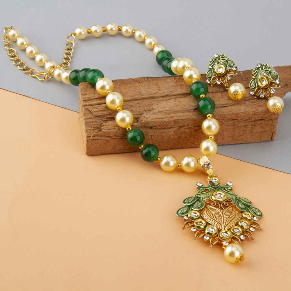 Buy Jewels Galaxy Green Cream-Coloured Gold-Plated Stone Studded Beaded Jewellery Set - Purplle