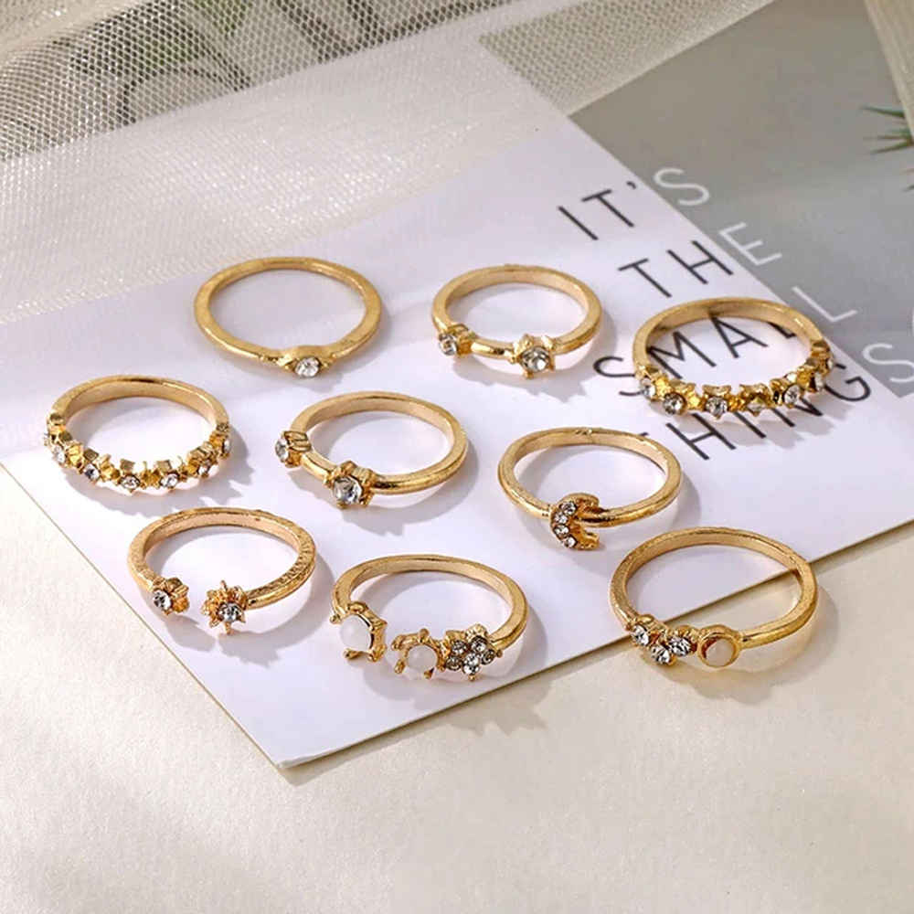 Buy Jewels Galaxy Women Set of 9 Gold-Plated Stone-Studded Finger Rings - Purplle