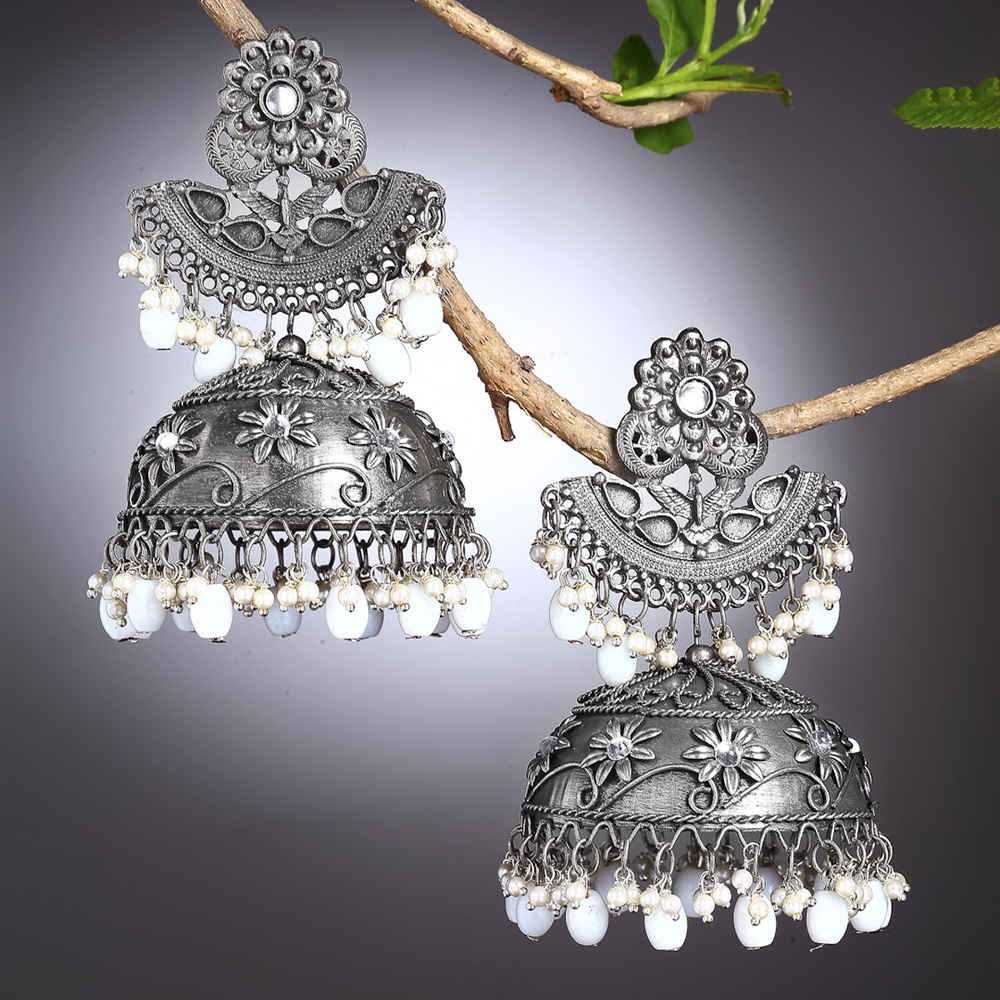Buy Moedbuille Antique Tribal Design Pearls Studded Oxidised Silver Plated Handcrafted Tassell Jhumkas - Purplle