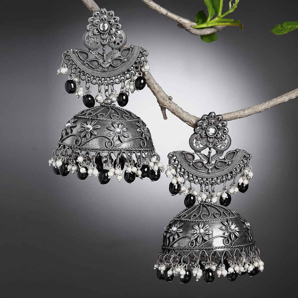 Buy Moedbuille Antique Tribal Design Pearls Studded Oxidised Silver Plated Handcrafted Tassell Jhumkas - Purplle