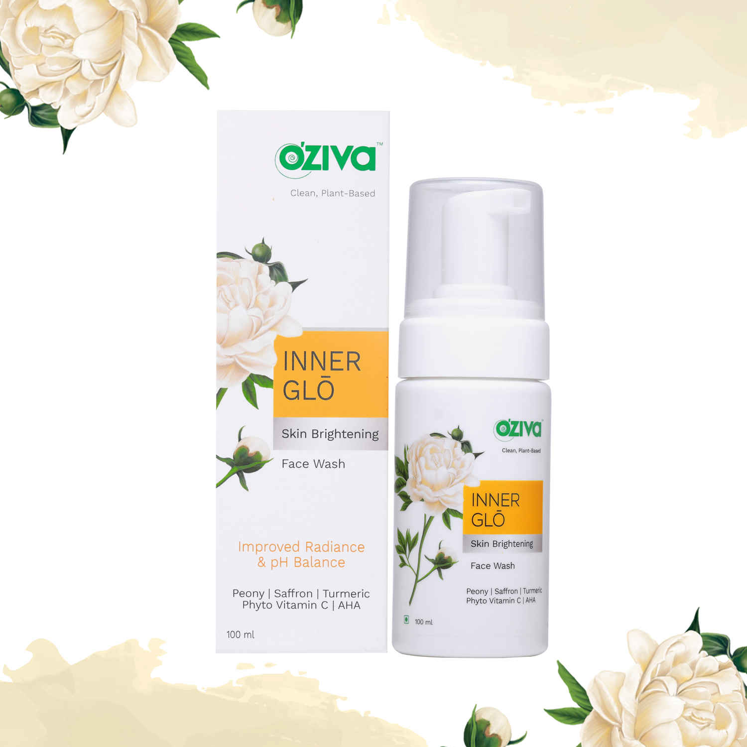 Buy OZiva Inner Glo Skin Brightening Face Wash (with Peony,Saffron,Turmeric,Phyto Vitamin C,AHA) for Improved Radiance & PH Balance - Purplle