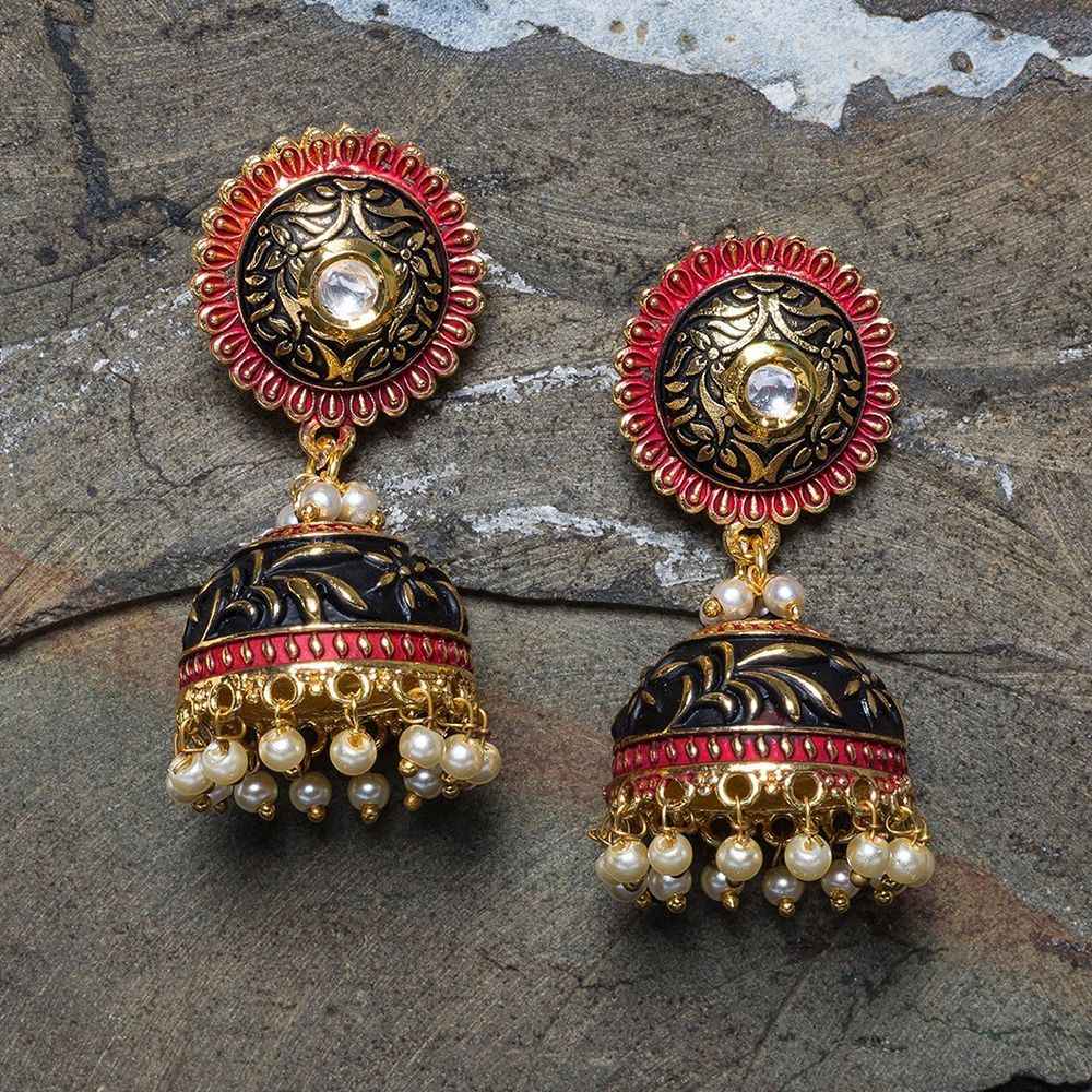 Buy Golden Peacock Black & Red Gold Toned Dome Shaped Earring - Purplle