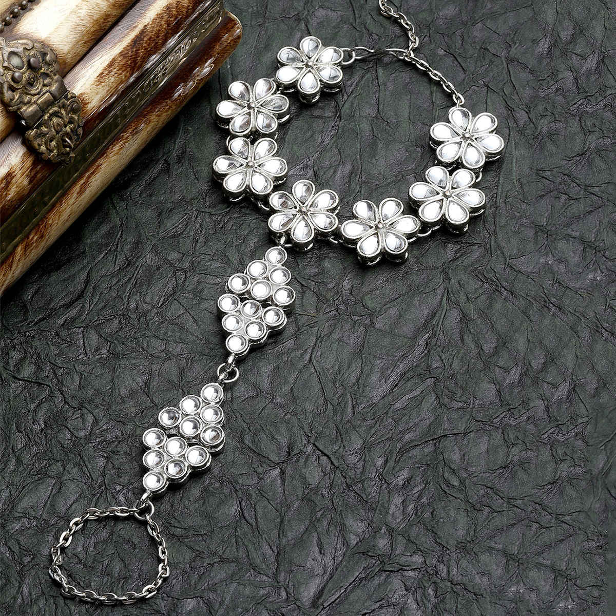 Karatcart Oxidised Silver Floral Kundan Chain Hathphool for Women