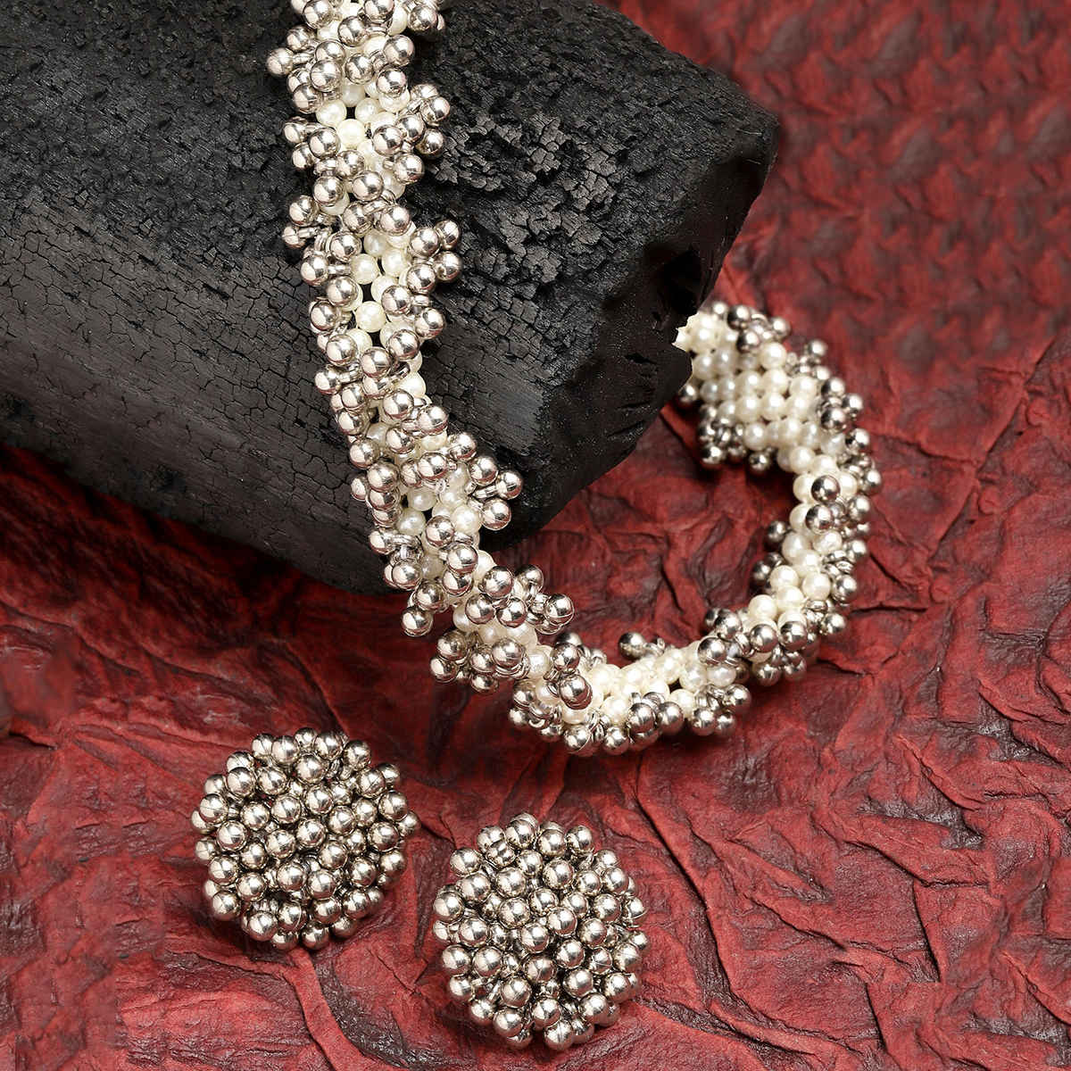 Buy Karatcart White Pearl and Silver Boll Studded Choker Necklace Set for Women - Purplle