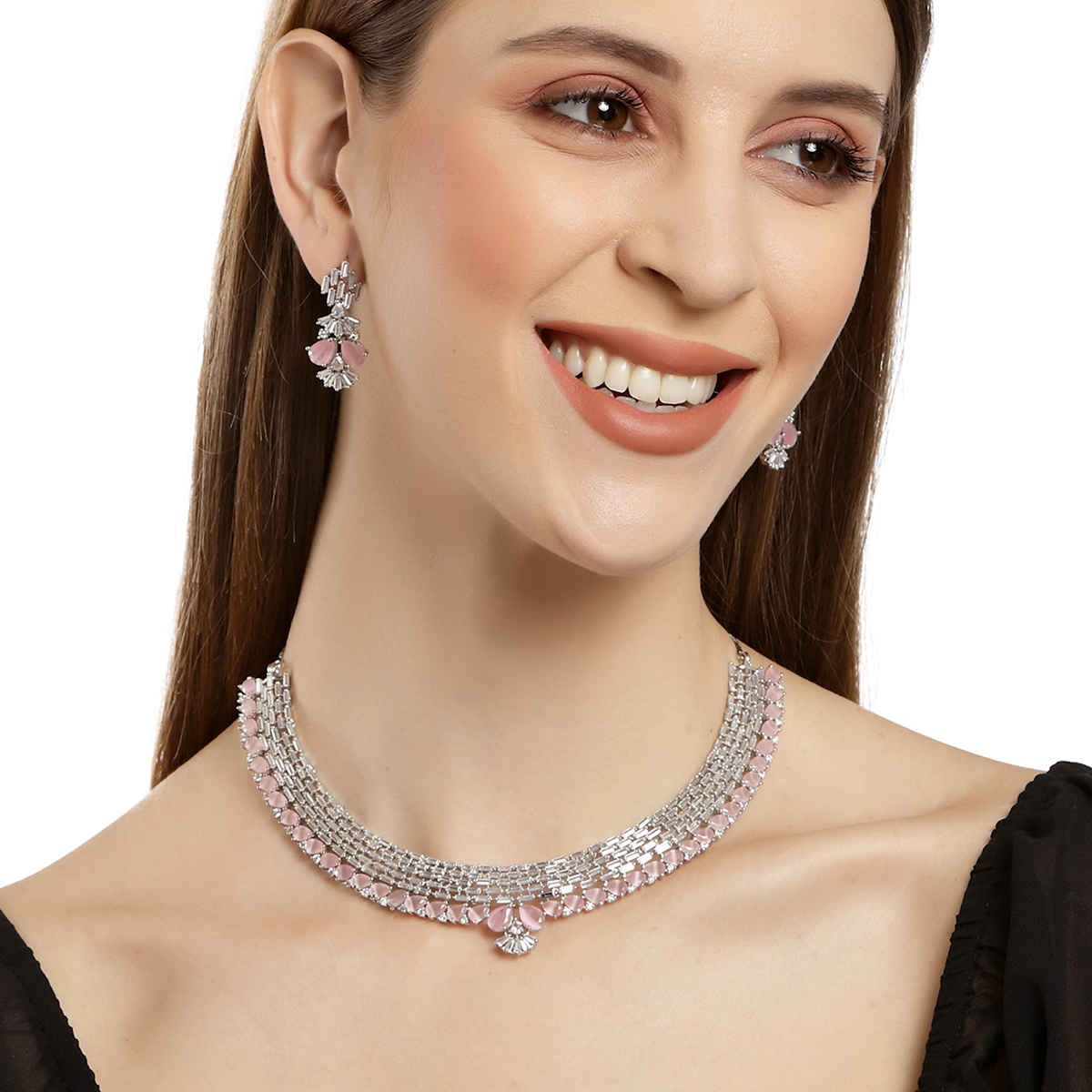 Buy Karatcart Silver Tone Pink AD Necklace Set for Women - Purplle