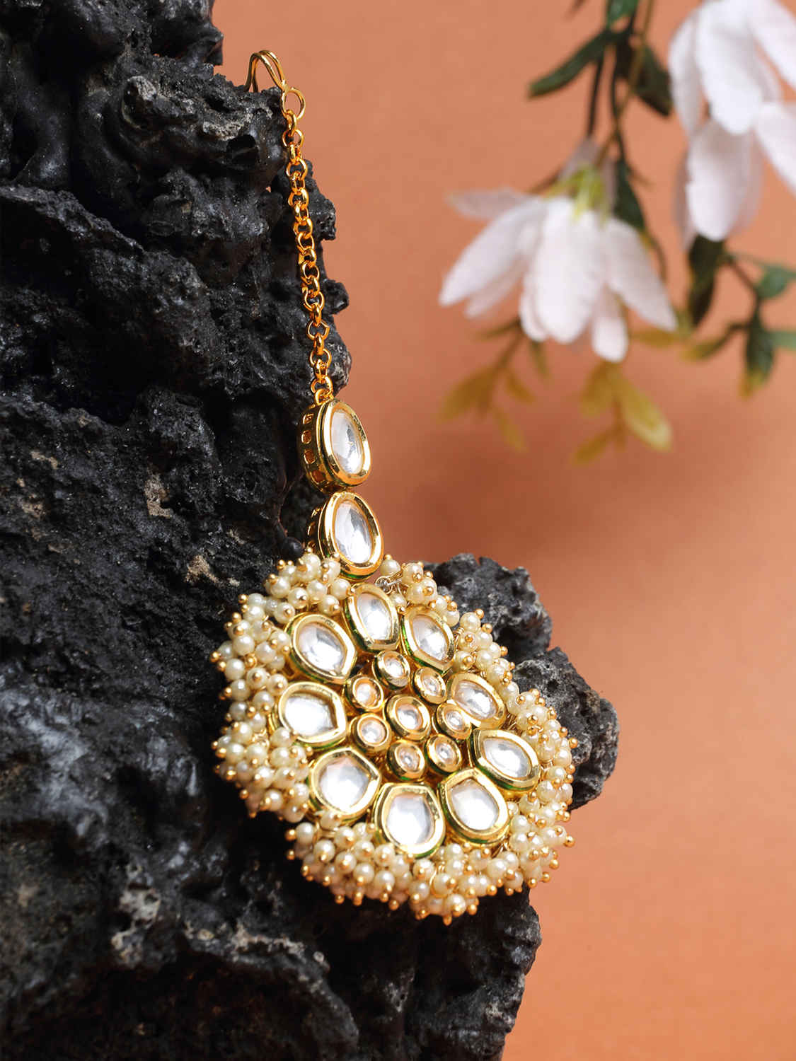 Gold-Polished Green White Kundan-Studded Maang Tikka - Ruby Raang main image 1
