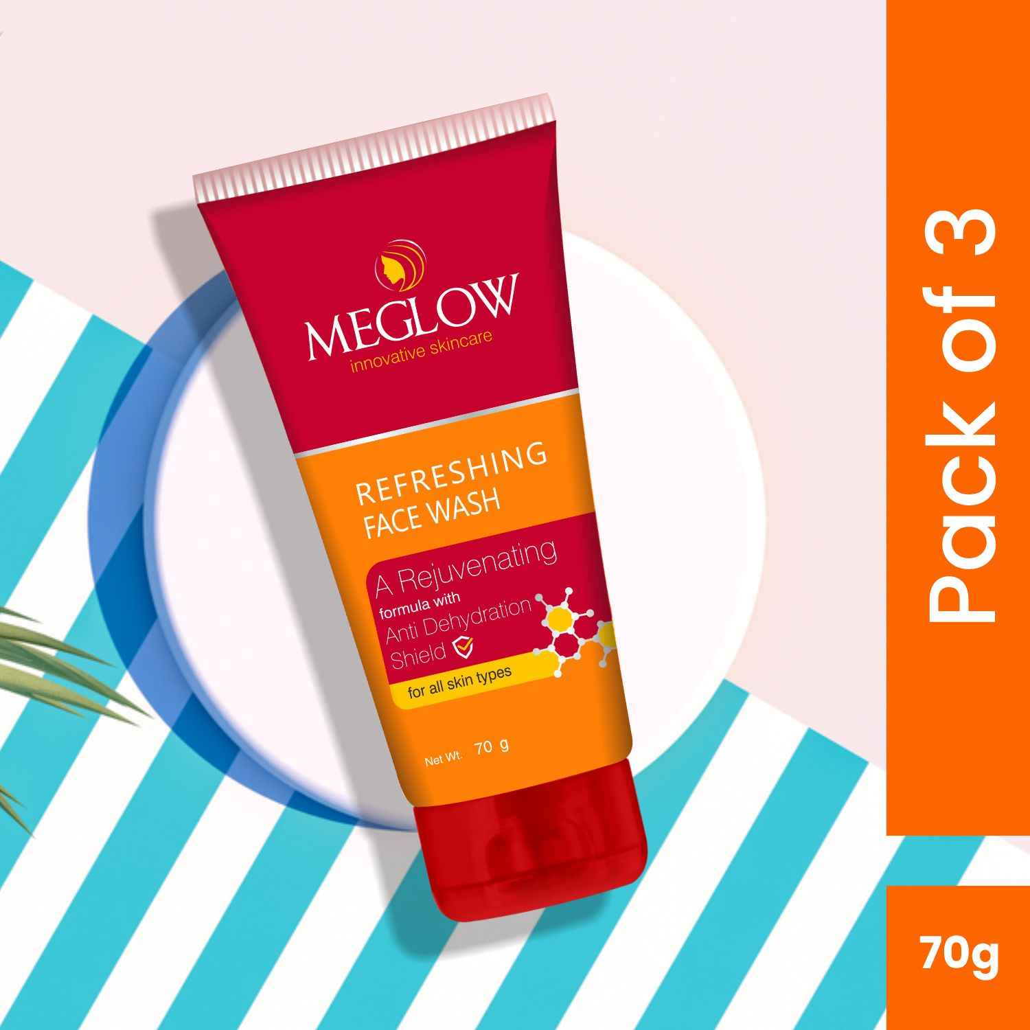 Buy Meglow Refreshing Face Wash (70gm each) with Vitamin E & Soap Free Formula - Pack of 3 - Purplle
