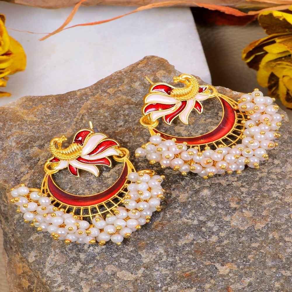 Buy Crunchy Fashion Crunchy Fashion Gold-Plated Maroon Peacock Chandbali White Pearl Dangler Earrings - RAE1920 - Purplle
