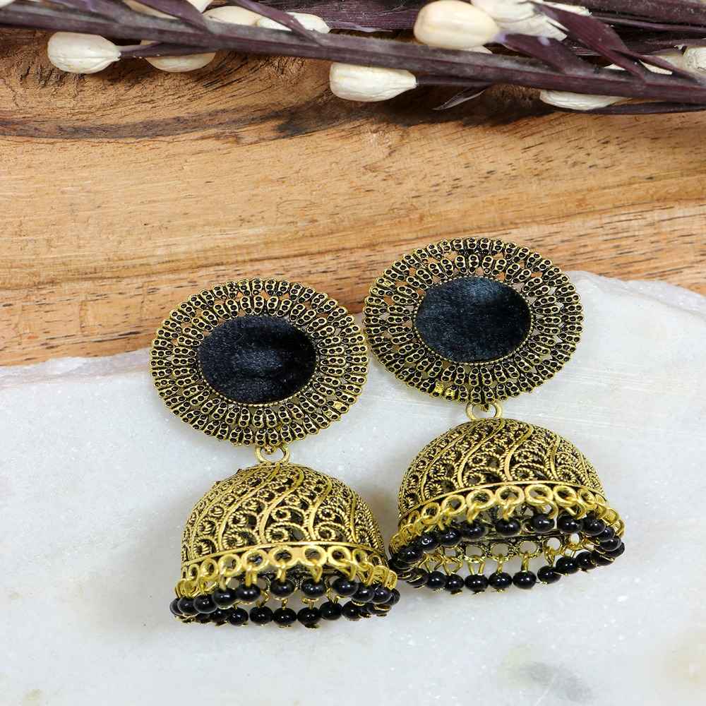 Buy Crunchy Fashion Crunchy Fashion Round Shape Black Velvet Gold-plated Enamel Jhumka Earring - RAE2042 - Purplle