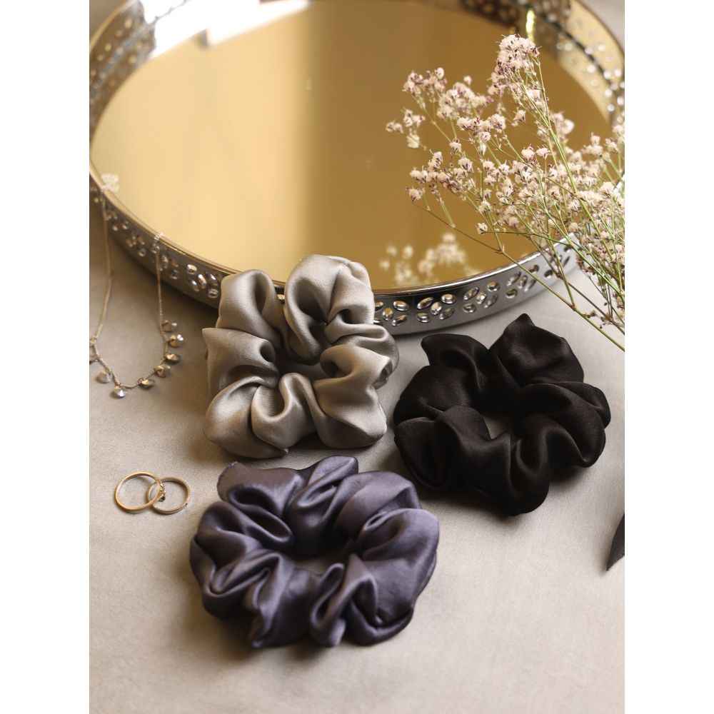 Buy Spotstyl Mulberry Silk Midi Scrunchies - Pack of 3 - Black, Blue & Silver - Purplle