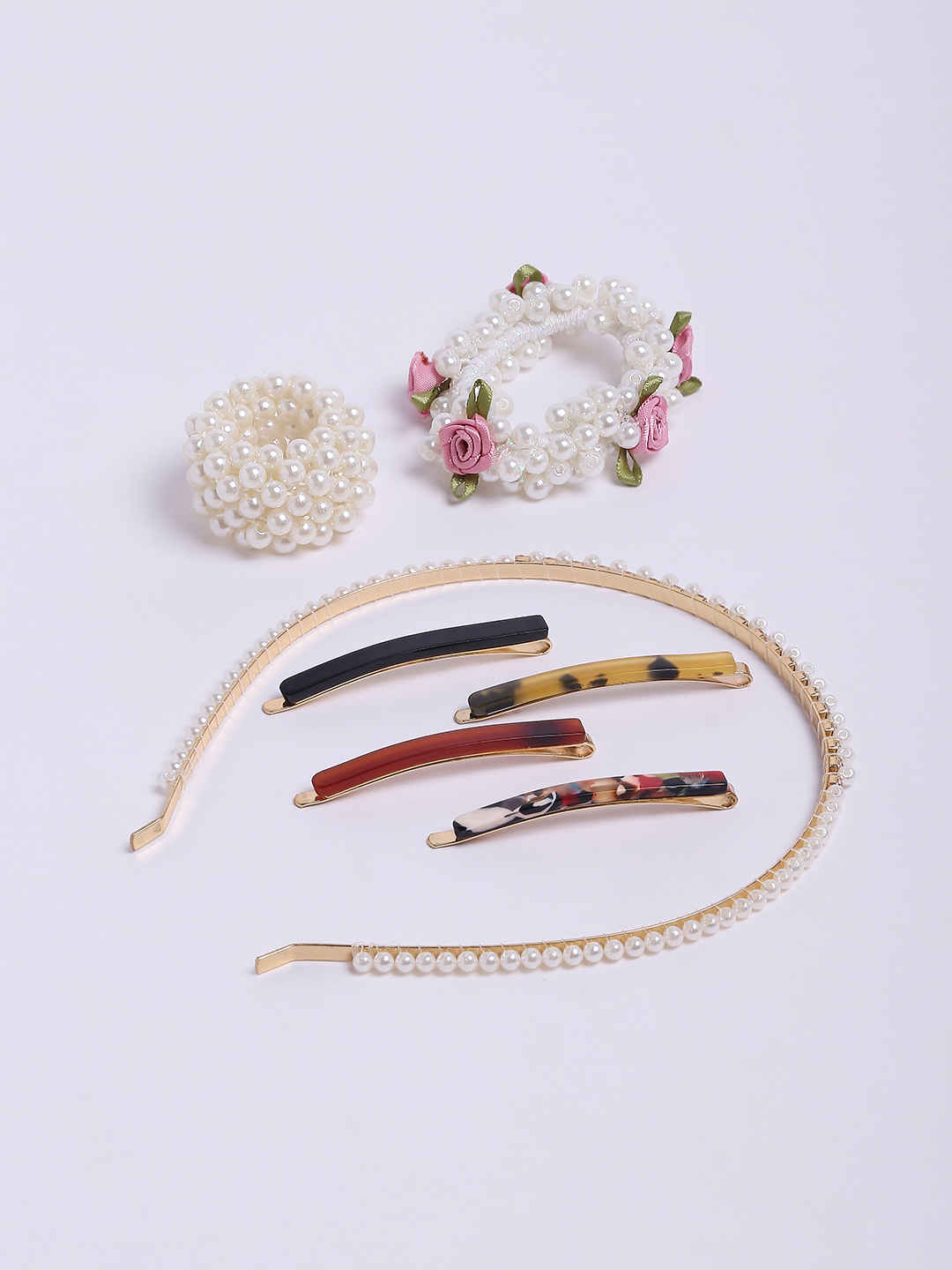 Buy Lilly & Sparkle Combo Pack Of Gold Toned Pearl Studded Hair Band With Pearl Studded Scrunchies And Set Of 4 Acetate Pins - Purplle