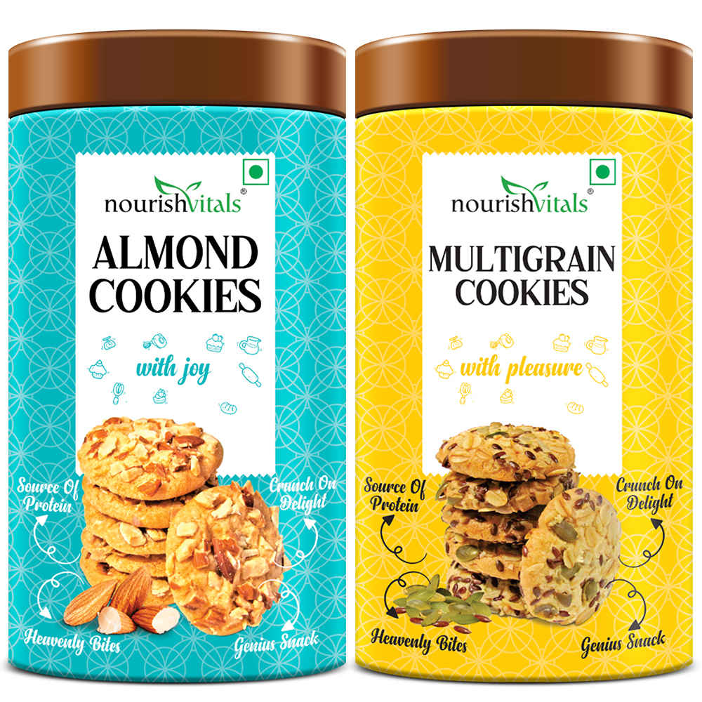Buy NourishVitals Almond Cookies + Multigrain Cookies, Heavenly Bites, Source of Protein, Crunchy Delights, Genius Snack, 120g Each - Purplle