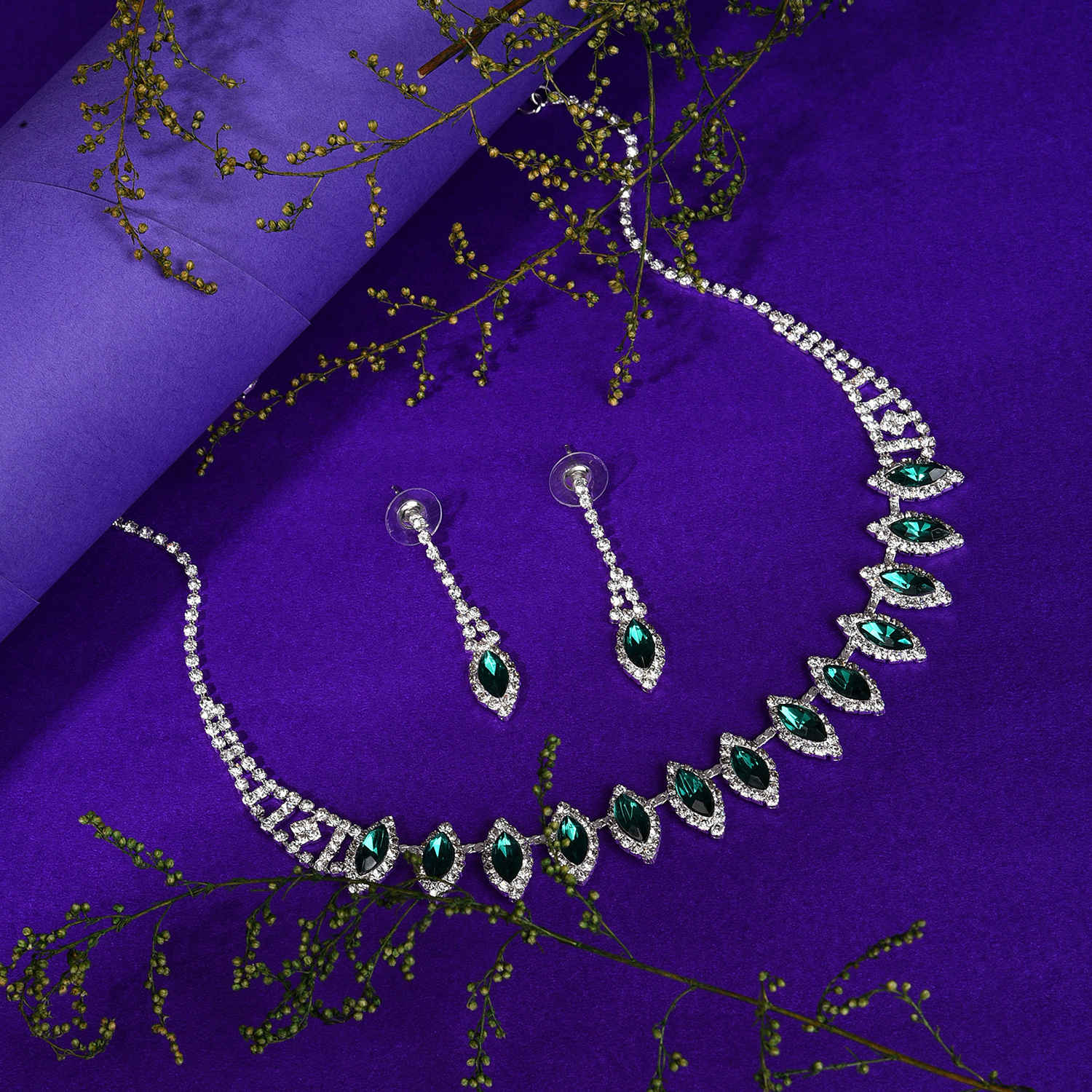 Buy SOHI Silver-Plated Green Stone-Studded Jewellery Set - Purplle