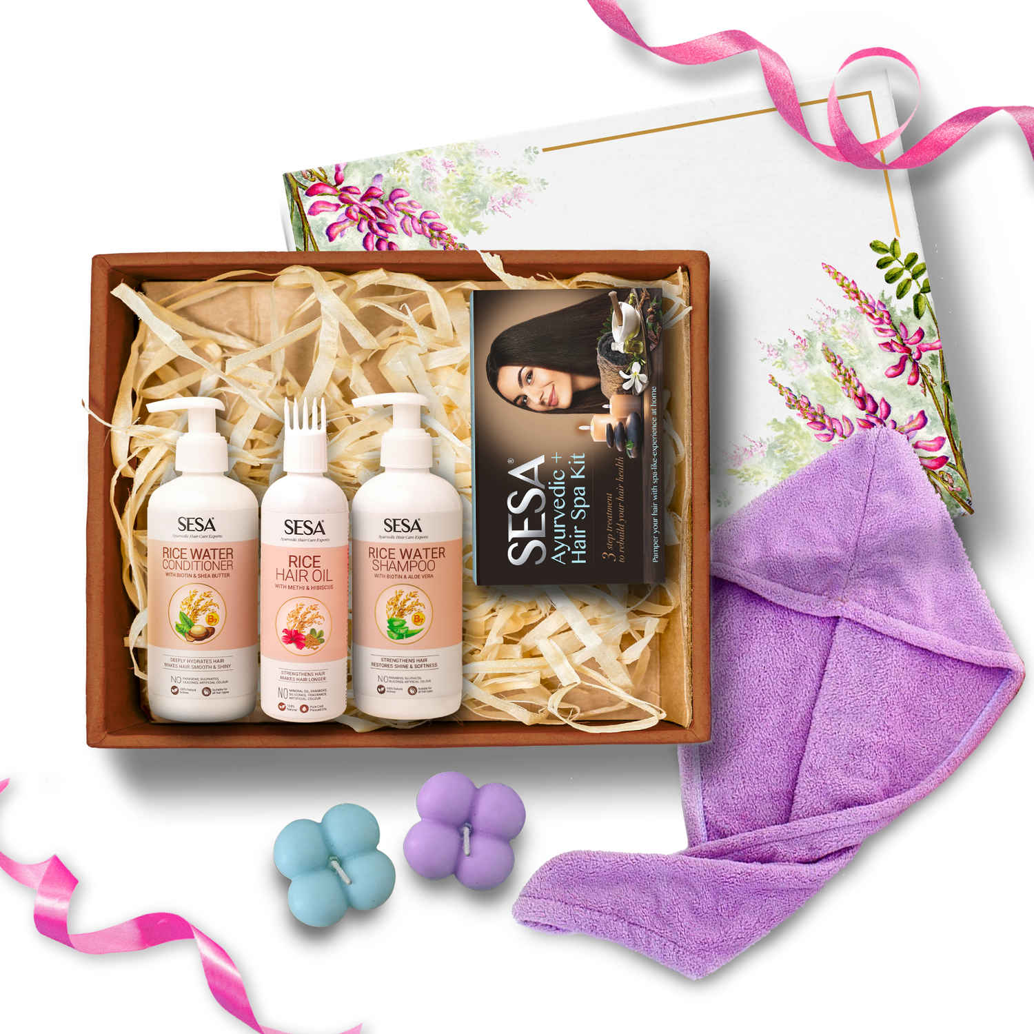 Buy Sesa Gift Set For Men| Rice Oil, Shampoo, Conditioner & Hair Spa Kit with Scented Candles & Soft Towel Wrap | Natural Hair Care Regimen - Purplle