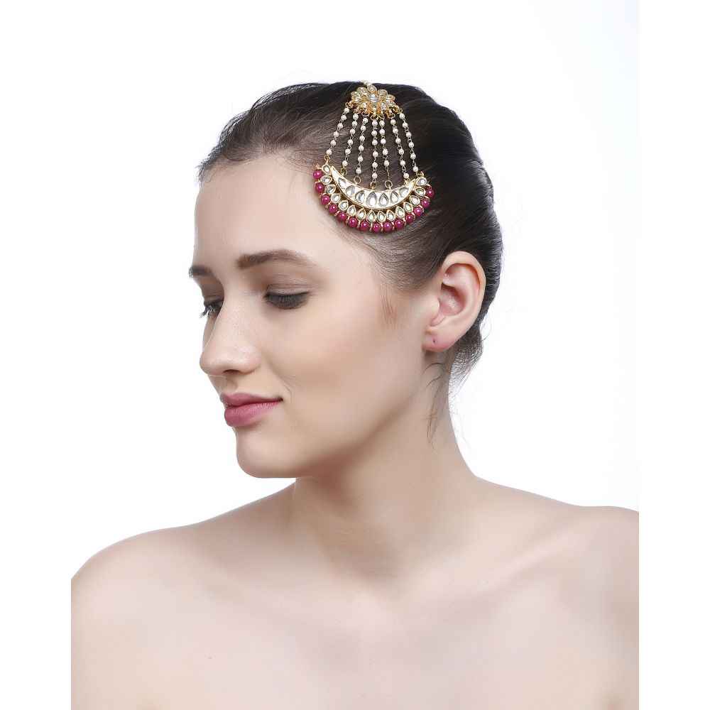 Bamboo Tree Jewels Maroon Beads Gold Kundan Maang Tika