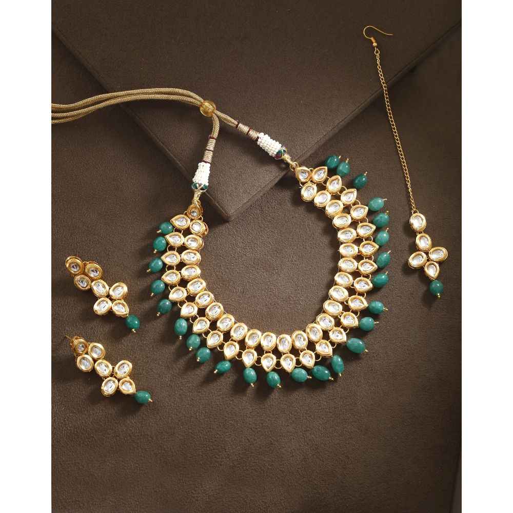 Bamboo Tree Jewels Green Stone Gold- Toned Kundan Necklace Maang Tika ...
