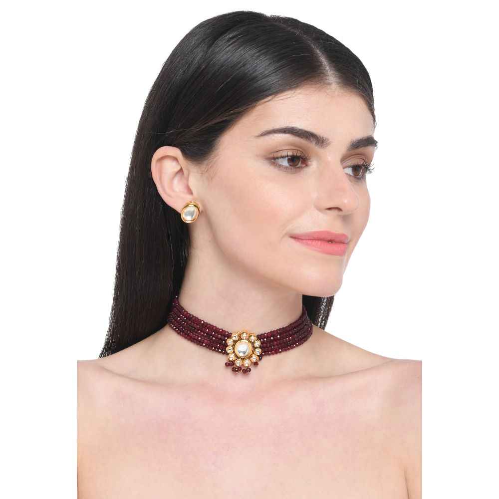 Buy Bamboo Tree Jewels Maroon Beaded Kundan Necklace & Earrings Set - Purplle
