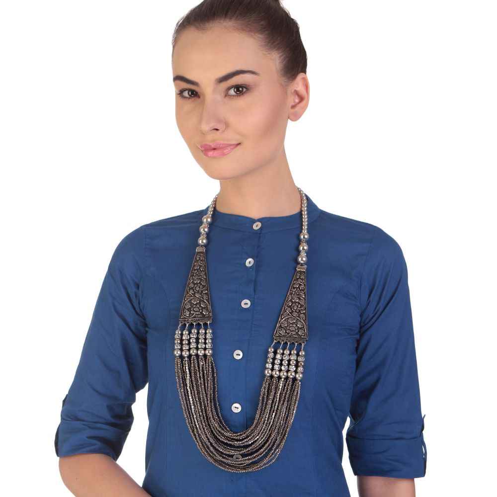 Multicolor - Handcrafted German Silver Pendant Zig Zag Bamboo Necklace with Green & Blue Beads