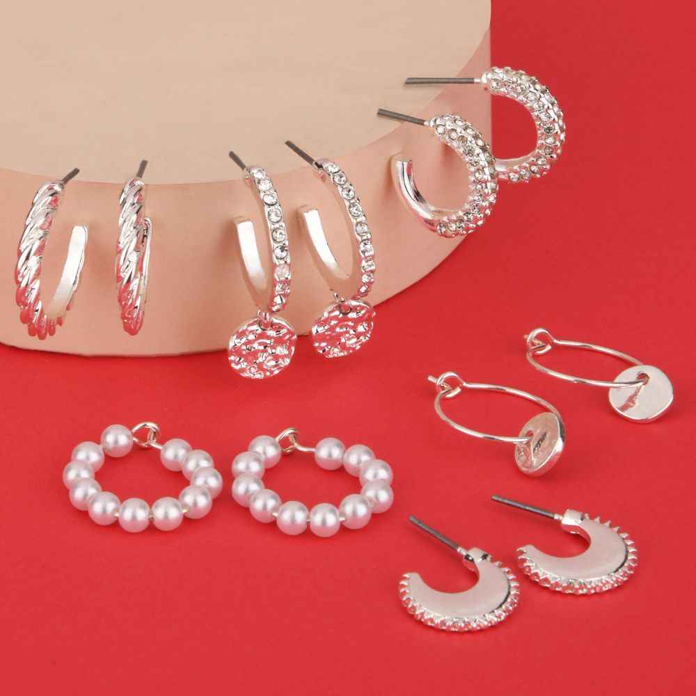 Buy Lilly & Sparkle Silver Toned Pearl And Crystal Studded Hoop Earrings Set Of 6 - Purplle