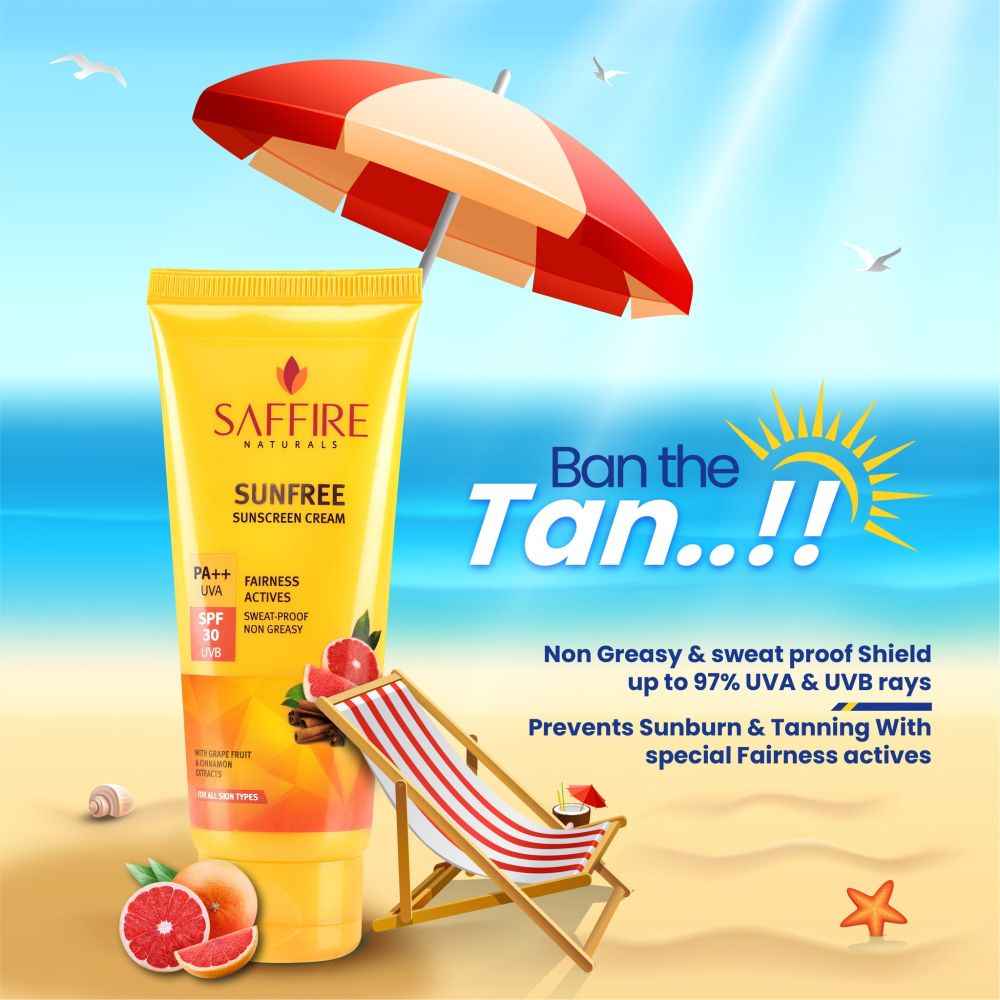 Buy Saffire Sunfree Sunscreen Cream | SPF 30 | Daily Glow, Lightweight Sunscreen | No White Cast & Sweatproof | With Grapefruit & Cinnamon (60ml) - Purplle