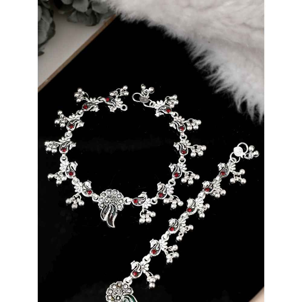 Buy Silvermerc Silver Plated Oxidised Red Stone Studded Anklets - Purplle