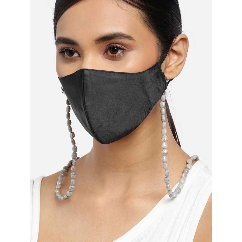 Buy Blueberry Women Black Solid Satin Reusable 2-Ply Cloth Mask with Grey Beaded Chain - Purplle