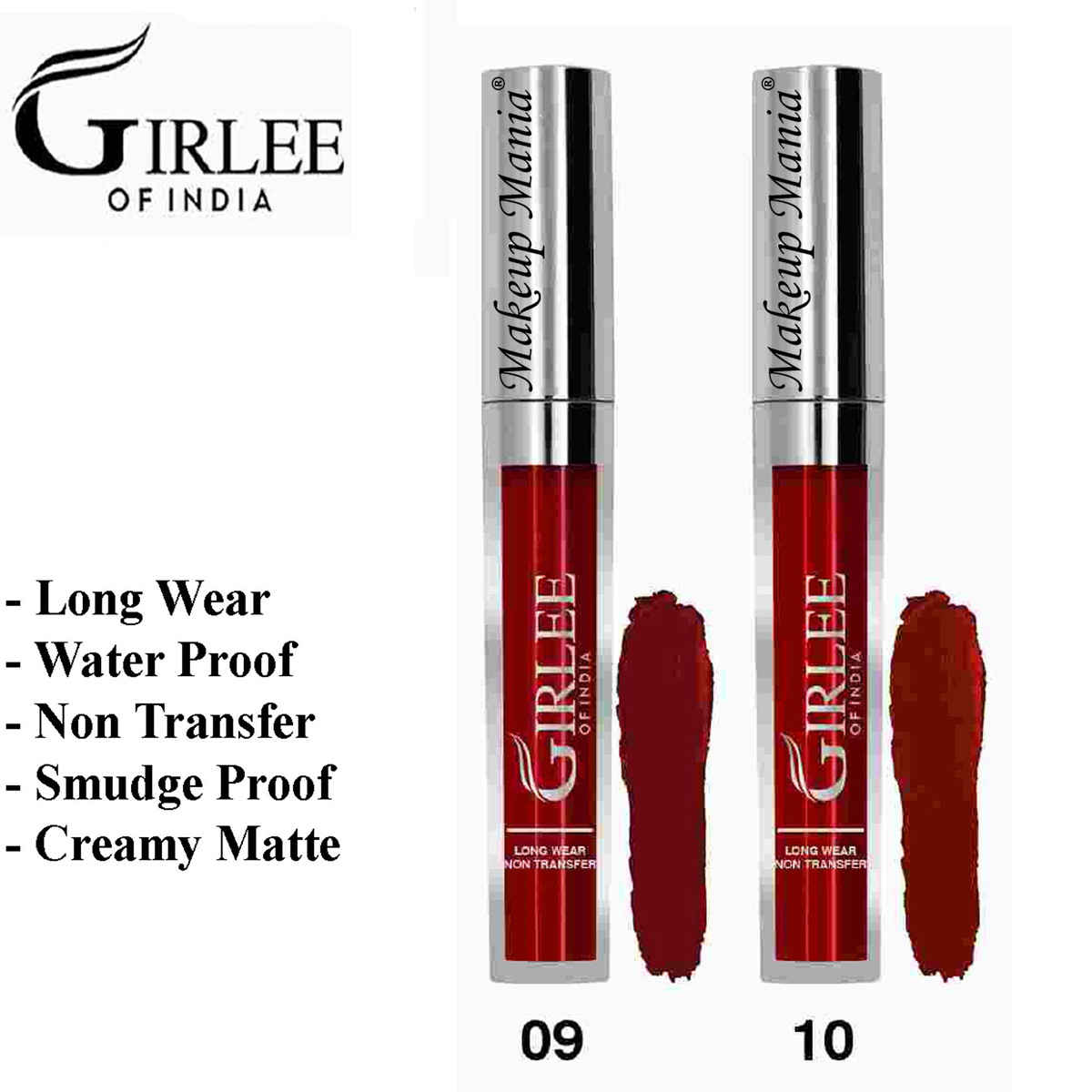 Buy Makeup Mania Girlee Non Transfer Matte Liquid Lipstick (Pack of 2), 09 Ruby Red, 10 Dark Peach - Purplle