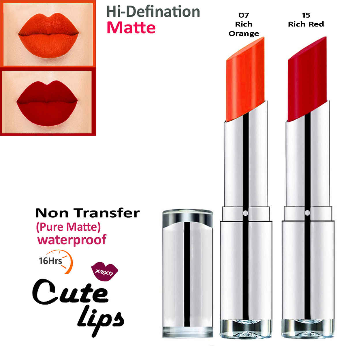 Buy bq BLAQUE Cute Lips Non Transfer Matte Lipstick 2.4 gm each - 07 Rich Orange 15 Rich Red - Purplle