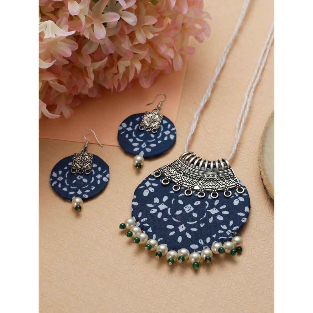 Buy Jazz And Sizzle Blue and White Handpainted Fabric Material & Silver Work with White & Green Beads Jewellery Set - Purplle