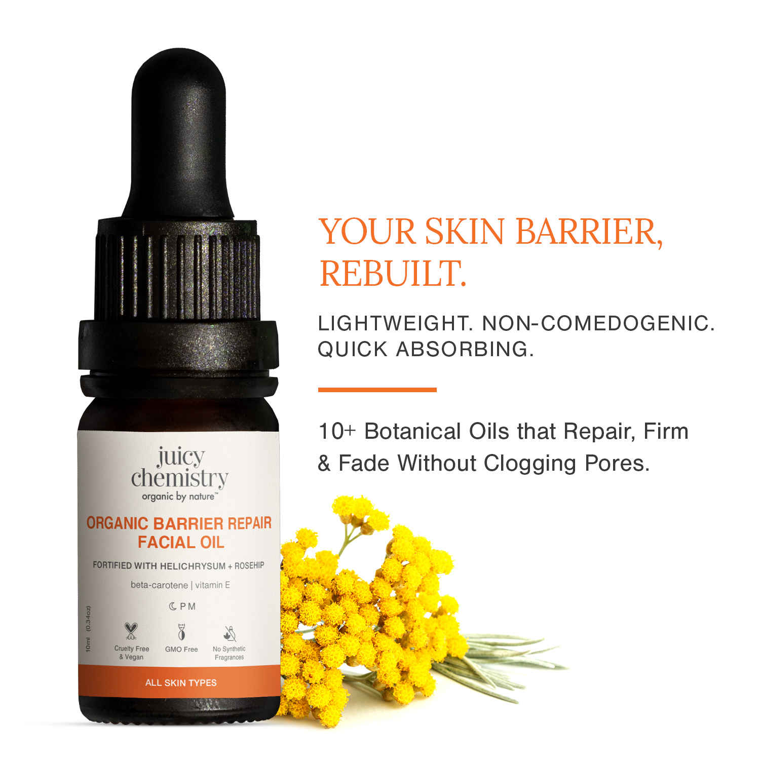 Buy Juicy Chemistry Organic Barrier Repair Facial Oil with Helichrysum + Rosehip, 10 ml | Repairs Skin Barrier | Reduces Pigmentation & Dark Spots | Boosts Glow | Promotes Even Skin Tone | Dermatologically Tested - Purplle