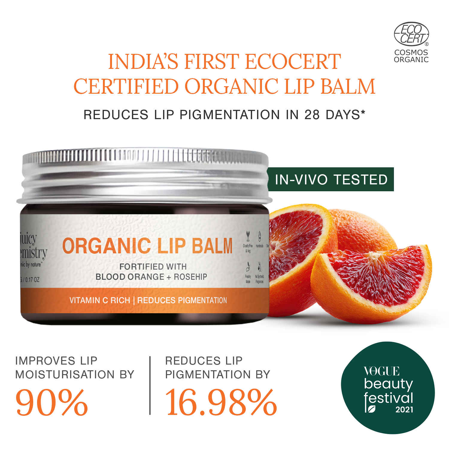 Buy Juicy Chemistry Organic Lip Balm with Blood Orange & Rosehip, 5 gm | Deeply Moisturising & Brightening Lip Care | Reduces Lip Pigmentation | Dermatologically Tested | 100% Natural | Certified Organic & Cruelty-Free - Purplle