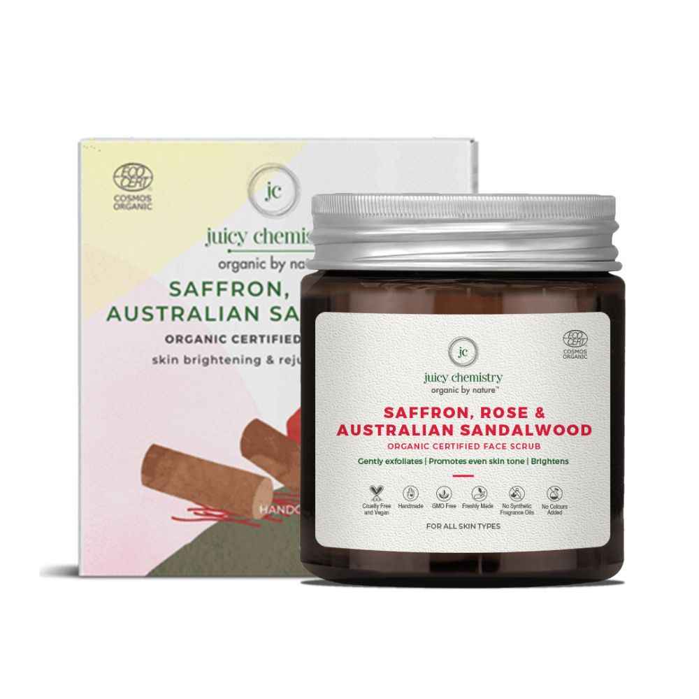 Buy Juicy Chemistry Saffron, Rose & Sandalwood Scrub for Skin Brightening, 75g - Certified Organic Natural Face Scrub for Face & Body | All Skin Types, 100% Vegan - Purplle
