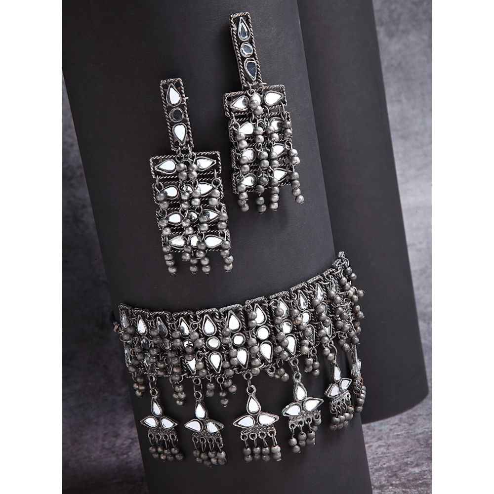 Buy Moedbuille Mirrors Studded Handcrafted Tassell Design Oxidised Silver Plated Antique Jewellery Set , 180 Grams - MBNS00520 - Purplle