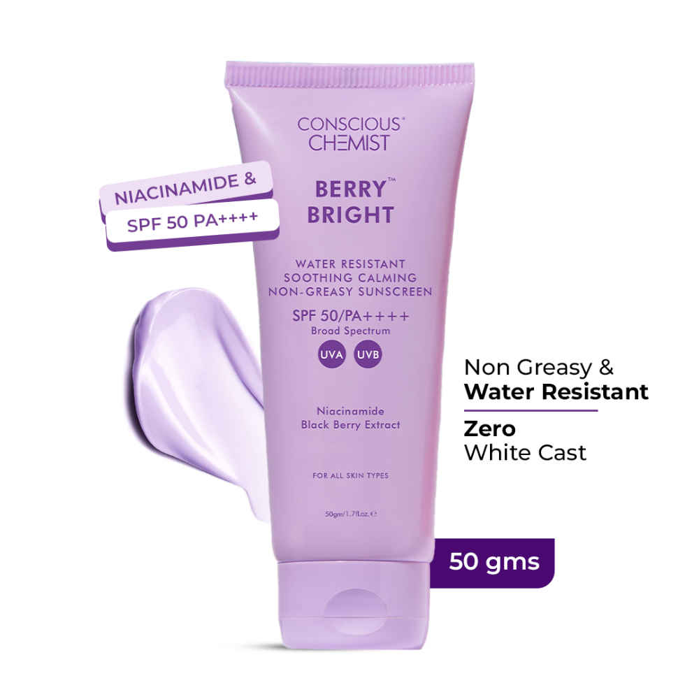 Buy Conscious Chemist Berry Bright Water Resistant Sunscreen | Sunscreen SPF 50 PA++++ | 50 gm | Sunscreen for Oily Skin, Niacinamide Sunscreen with Black Berry Extract, Hybrid Lightweight, Water Resistant, All Skin Types - Purplle