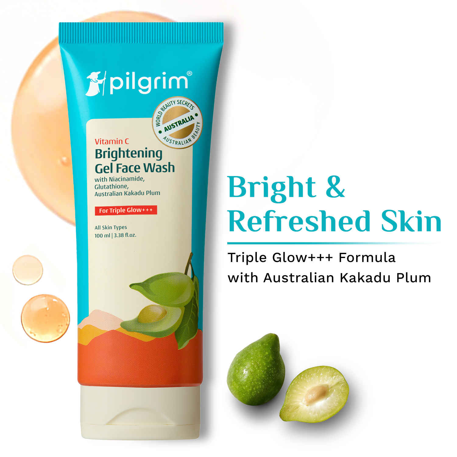 Buy Pilgrim Vitamin C Gel Face Wash With Kakadu Plum & Lime Pearl | For All Skin Types | Triple Glow+++ with 5% Niacinamide For Even Skin Tone | Gentle Exfoliating & Non Drying Face Wash | For Men & Women- 100 ml - Purplle