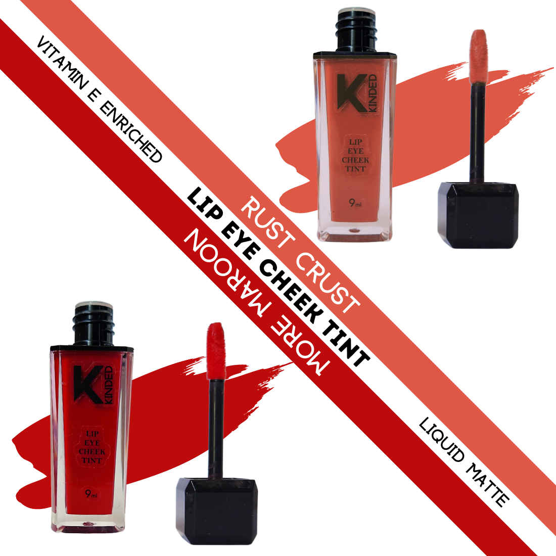 Buy KINDED Lip Eye and Cheek Tint Combo for Women Girls Longlasting Moisturizing Vitamin E Liquid Lip Colour Lipstick Eyeshadow Blush (Liquid Matte Finish, Rust Crust & More Maroon, 9 ml each) - Purplle