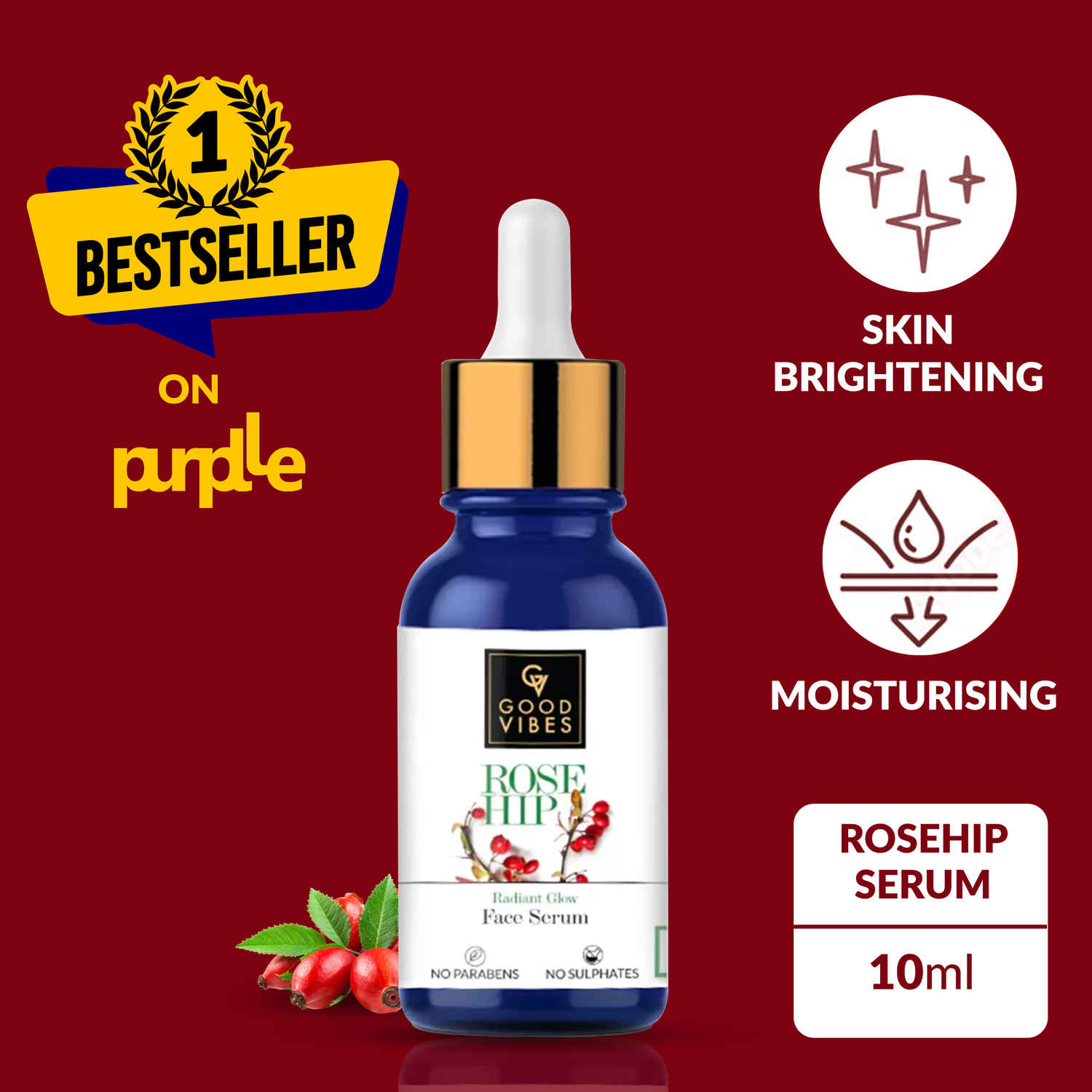Buy Good Vibes Rosehip Radiant Glow Face Serum | Light, Non-Sticky, Brightening | With Vitamin E | No Parabens, No Sulphates, No Animal Testing (10 ml) - Purplle