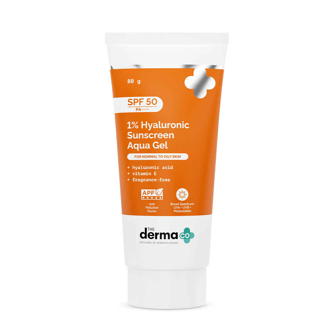 Buy The Derma Co. 1% Hyaluronic Sunscreen Aqua Gel with SPF 50 & PA++++ for Broad Spectrum & Blue Light Protection - 80 gm| In-Vivo Tested - Purplle