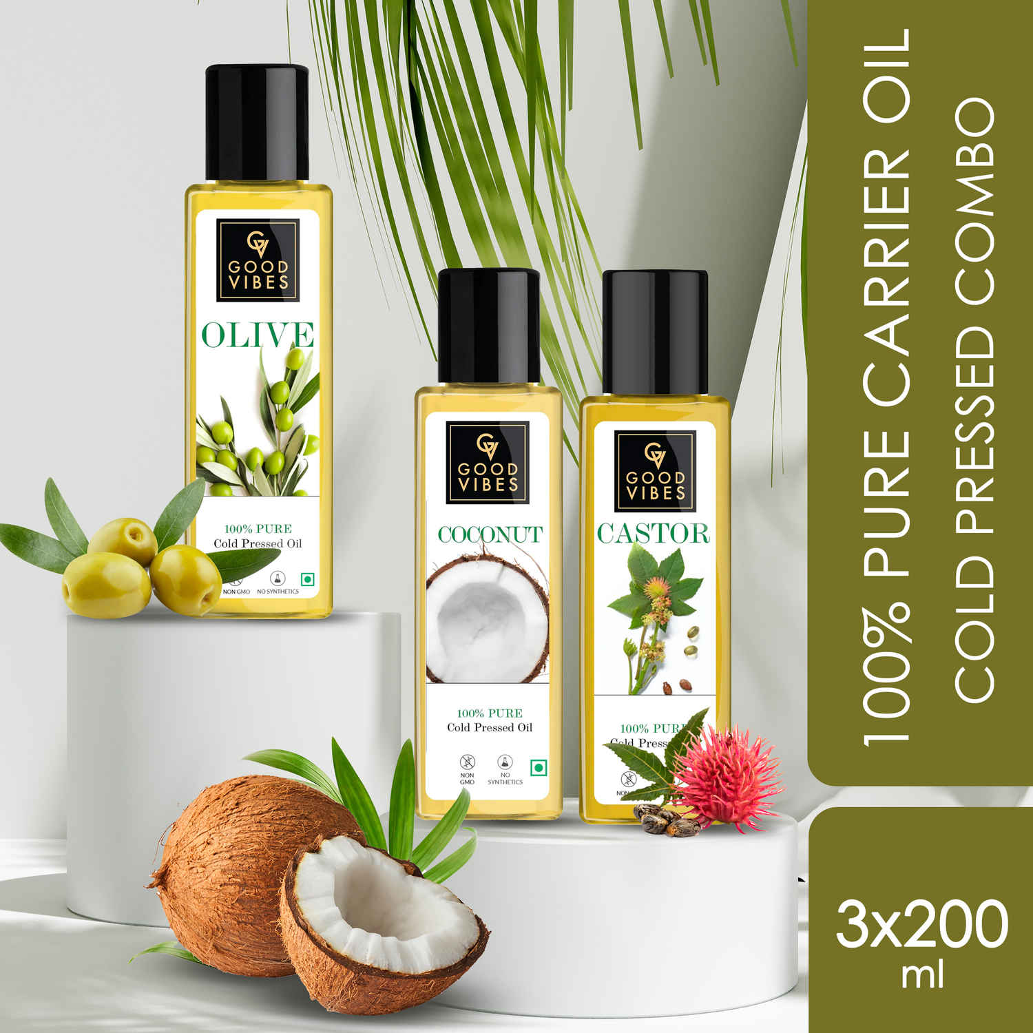 Buy Good Vibes 100% Pure Cold Pressed Carrier Oil Combo 200 ml (Set of 3) - Coconut, Castor and Olive - For Hair & Skin - Purplle