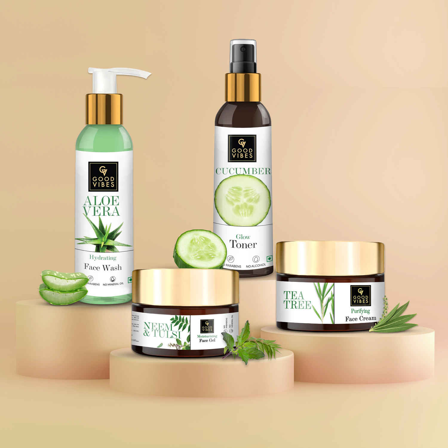 Buy Good Vibes Skin Care Combo (Set of 4) - Aloe Vera Face Wash, Cucumber Toner, Neem & Tulsi Gel, Tea Tree Face Cream - Purplle