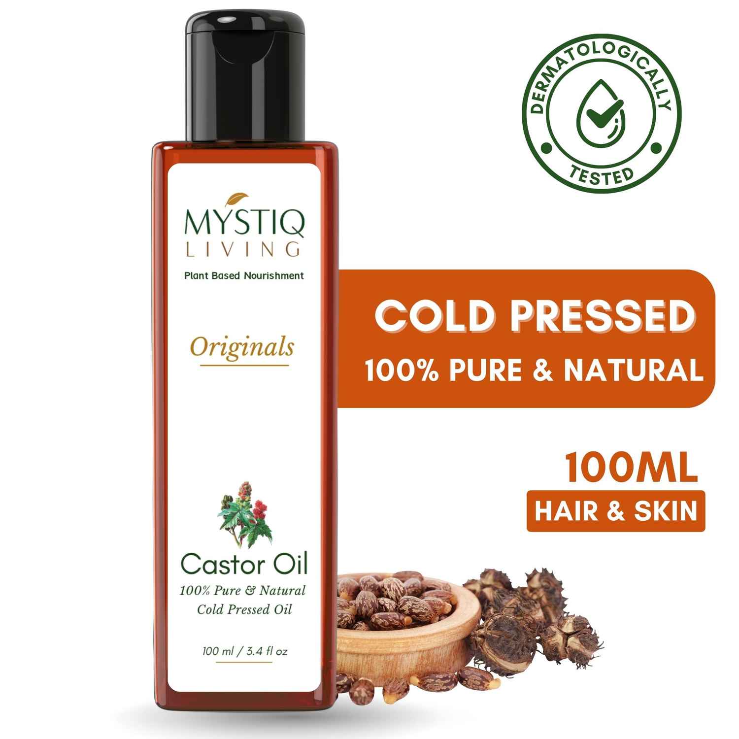 Buy Mystiq Living Castor Oil (100 ml) Castor Oil for Hair Growth | Cold Pressed Castor Oil | Organic | 100% Pure Castor Oil for Skin, Moisturizing Dry skin, Nail, Eyelash Virgin Grade | No Parabens, No Sulphates, No Minerals Oil - Purplle